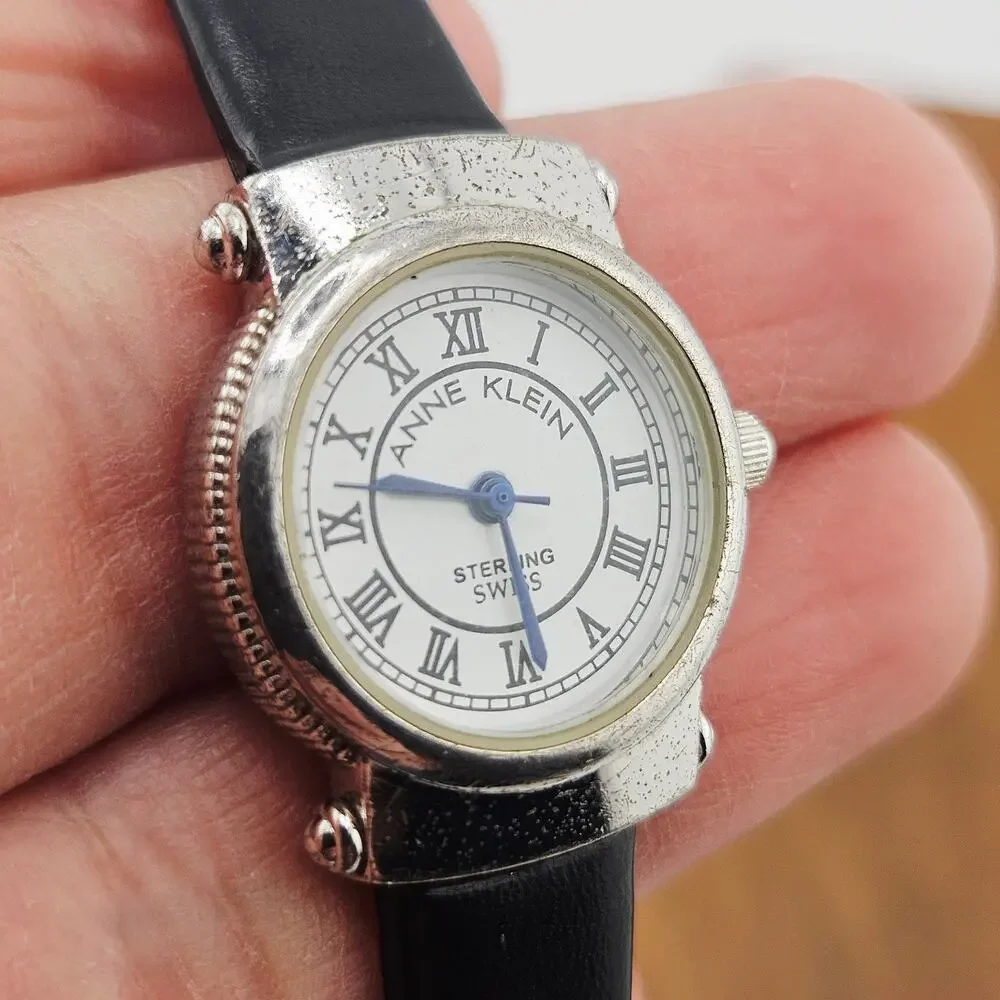 Anne Klein Silver Tone Roman Numeral Watch Black Leather Classy Sophisticated